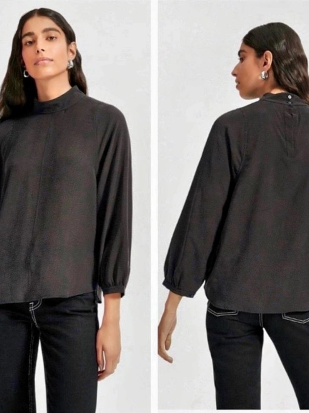 EVERLANE Cupro Mockneck Black Long Sleeve Blouse